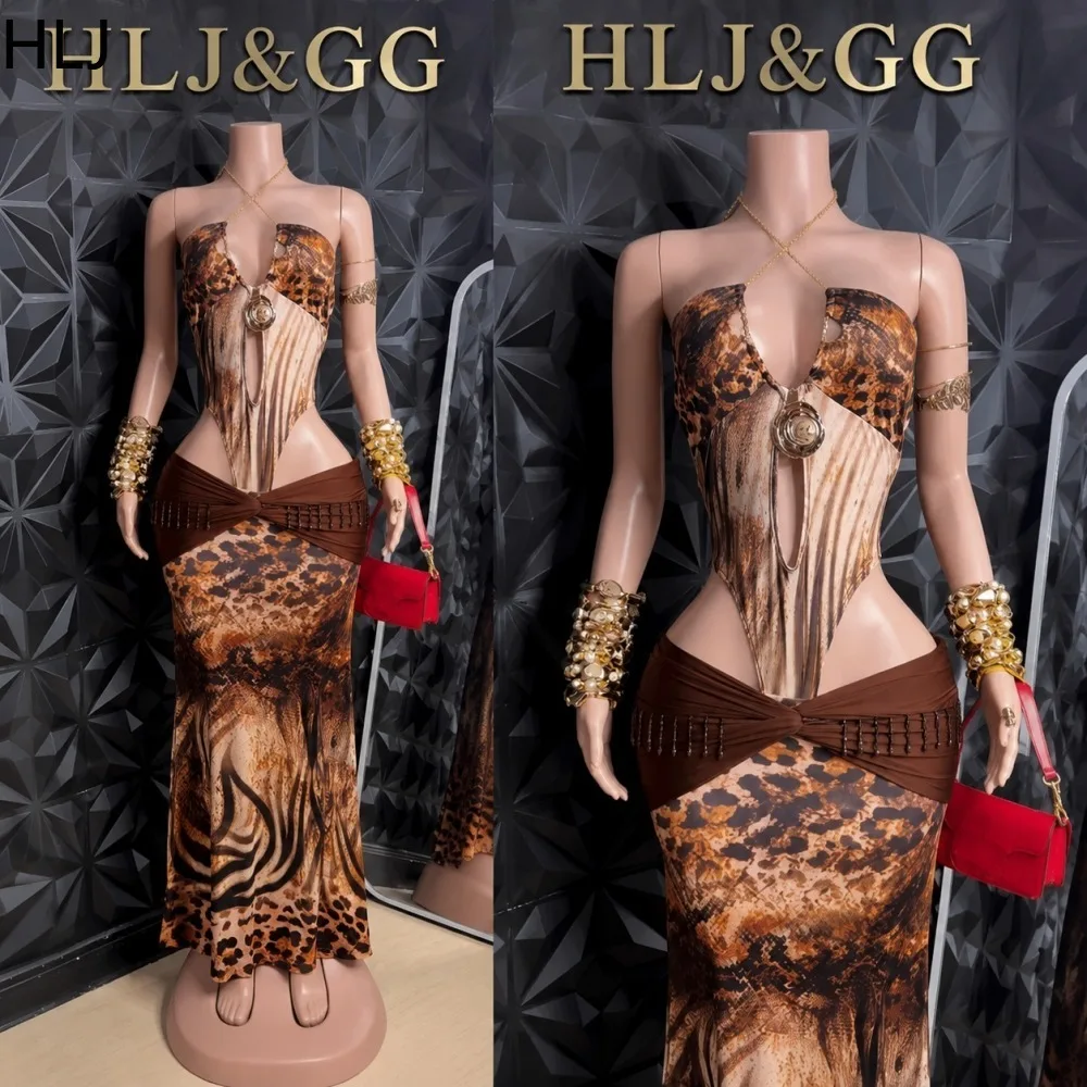 HLJ Women 2 Piece Outfit Leopard Zebra Print Halter Bodysuit Backless and Maxi Skirt Set Summer Club Vacation Matching Outfits