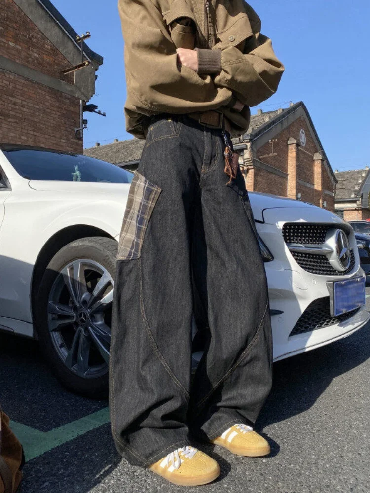 

Мужские джинсы прямого кроя с эффектом тай-дай, весенне-осенние, свободные, широкие брюки в американском стиле, с дизайнерскими вставками в клетку, эффектные, с эффектом потертости.