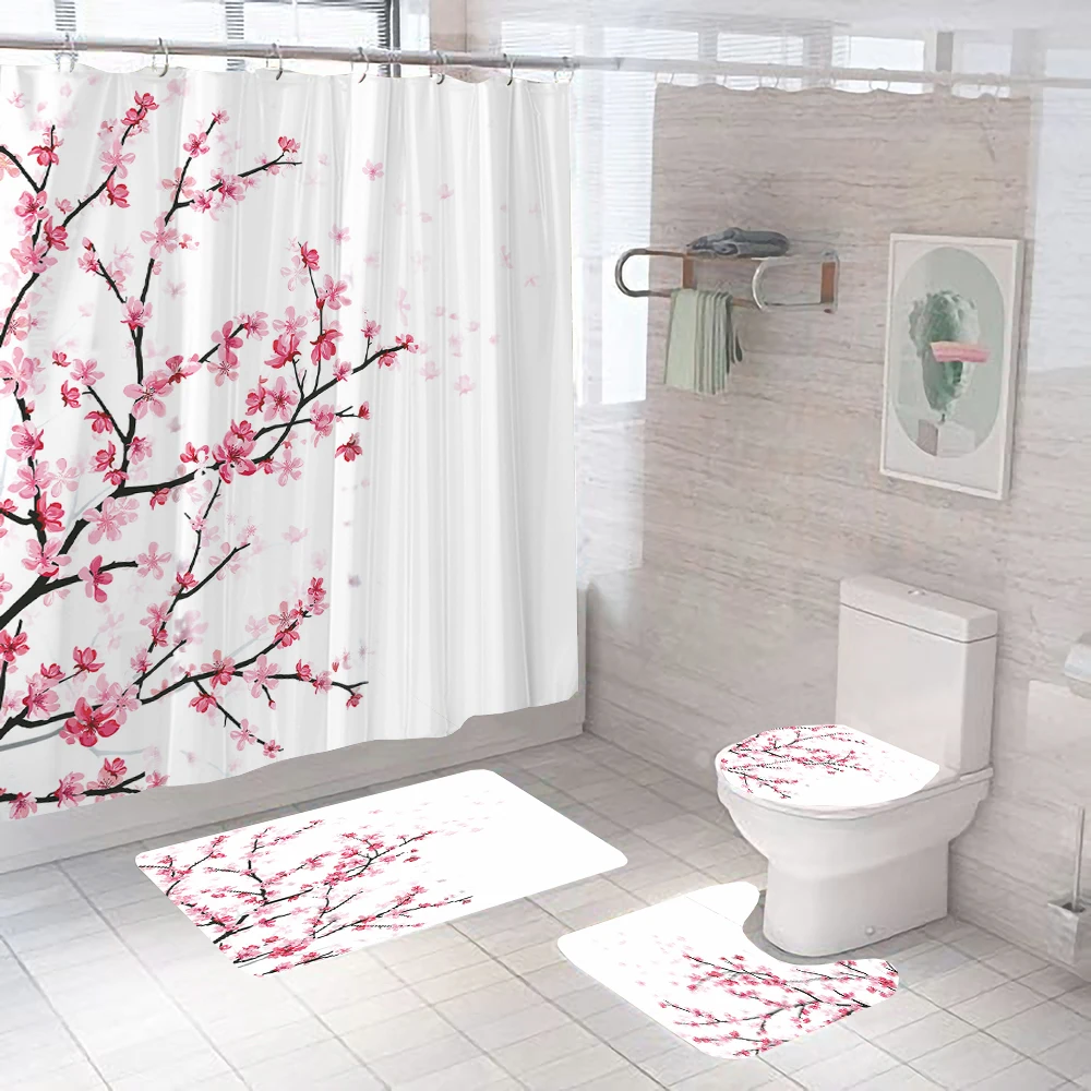 Cherry Blossoms Flowers Print Fabric Shower Curtain Bathroom Curtain Set Anti-slip Rugs Toilet Lid Cover Bath Mat Bathroom Decor