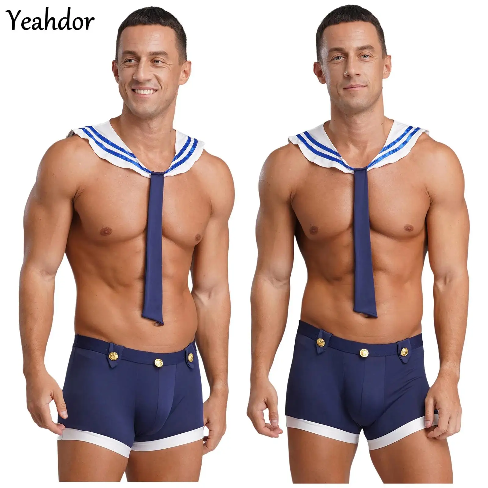 

Halloween Adult Navy Sailor Captain Uniform Suit Men Sailor Cosplay Costume Outfits Collar with Necktie Bulge Pouch Boxer Shorts
