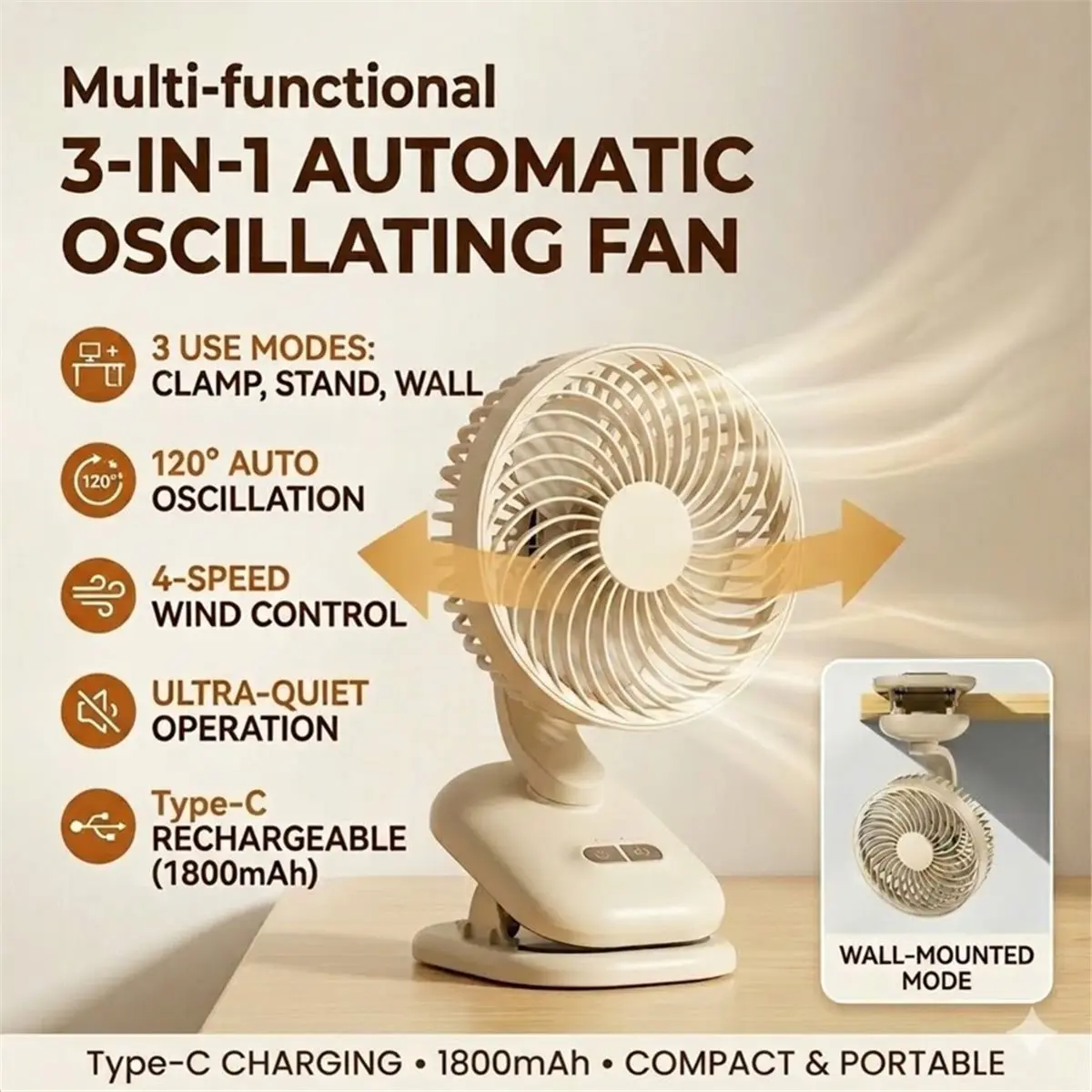 TODAY@BUY@~ Clip on Fan, Stroller Fan 1800mAh Rechargeable Portable Fan with 4 Speeds, 120° Auto Oscillation Desk Fan B