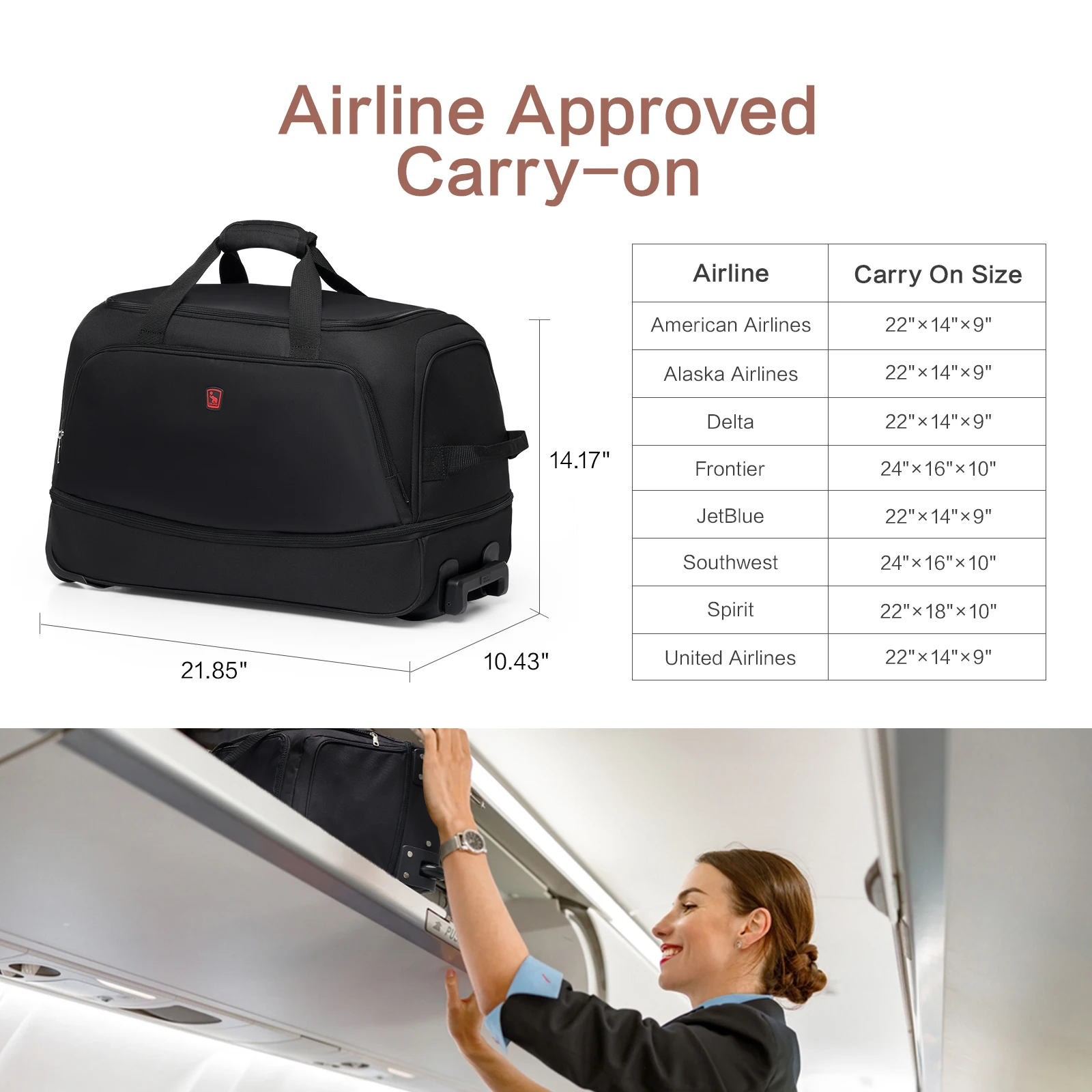 OIWAS Men Trolley Duffle Bag 56L Water-Repellent Foldable Rolling Suitcase Hand Luggage With Wheels Carry-On Bags Pack