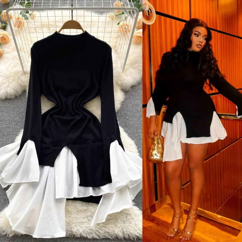 

French Style Niche Knitted Dress Elegant Waist Slimming Irregular Color Block Design Sweater Mid-Length Dress