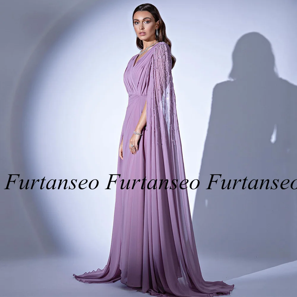 Lilac Prom Dress Saudi Evening Dresses 2024 V Neck Long Sleeve Cape Pleat Beading Sequined Floor Length Chiffon Party Gowns