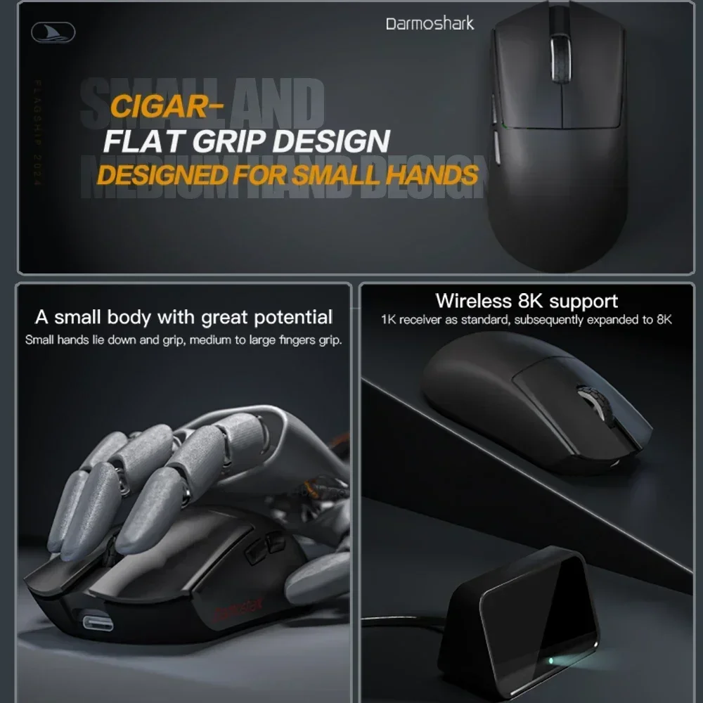 Imagem -05 - Darmoshark m3 Micro Mouse para Jogos sem Fio Bluetooth 8key Mouse de Jogo Pam3395 Nórdico N52840 26000dpi para Laptop Escritório