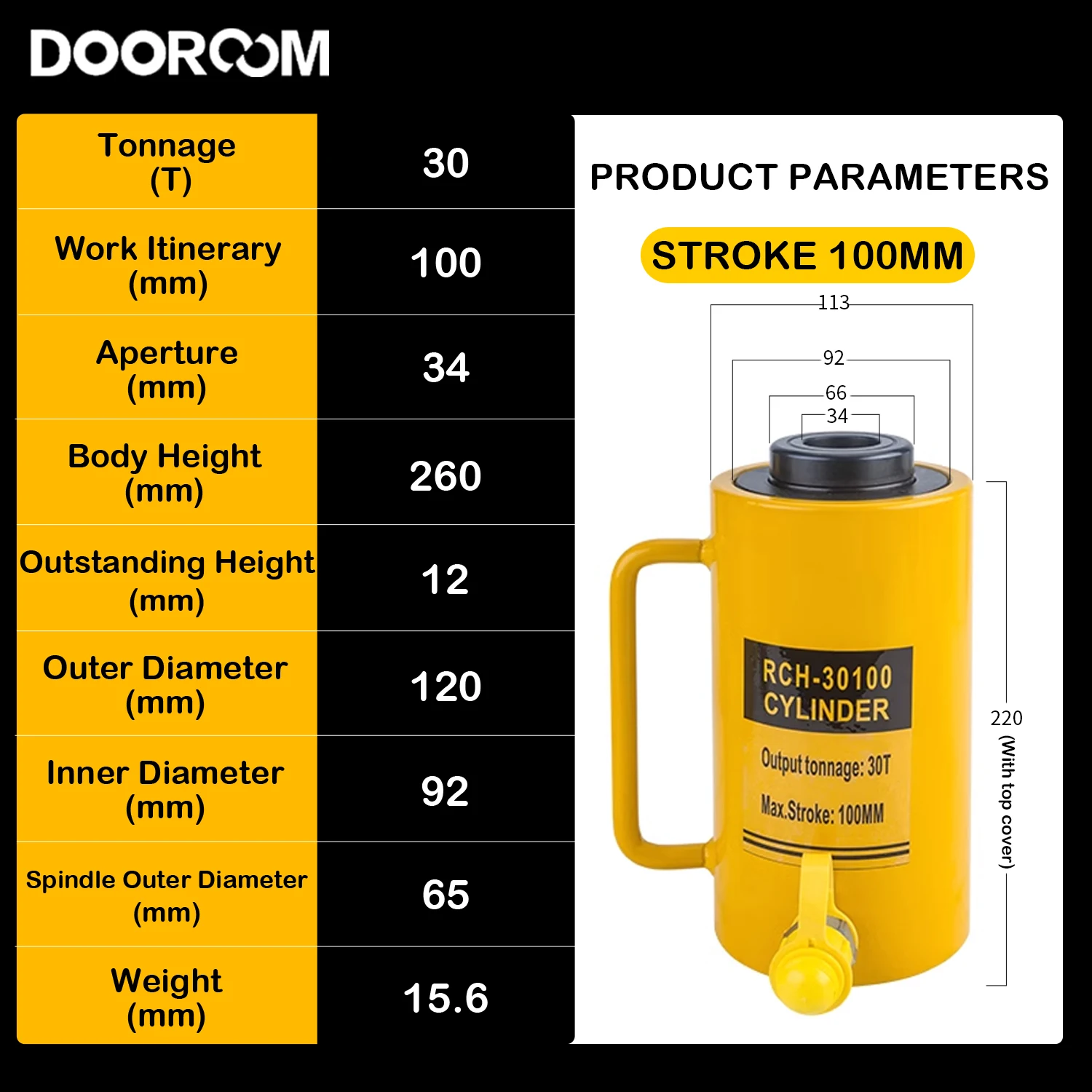 DOOROOM-cilindro hidráulico con émbolo hueco 30T, cilindro de Ram de acción única de 100mm, herramienta de elevación de alta resistencia,