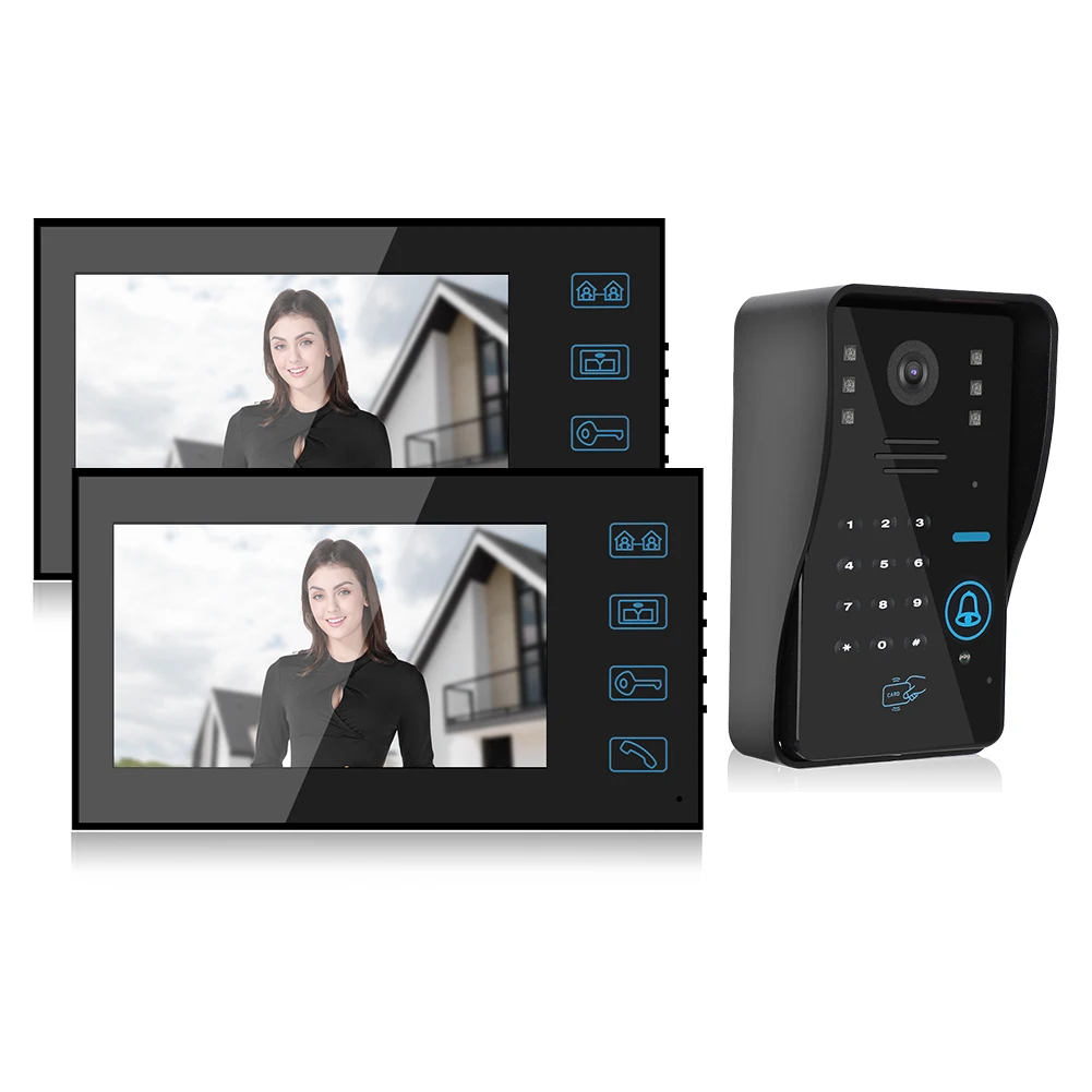 7in Wired Video Doorbell Password Card Remote Control System Doorphone 2 Monitors Night Vision Intercom for Home Door Security