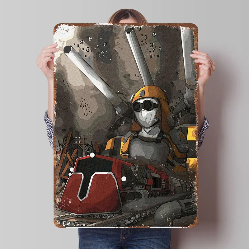 Steampunk Engineer With Train and Cannons Tinplate Poster Customized Wall Art Retro Vintage Metal Signs for Fans Decoration Room