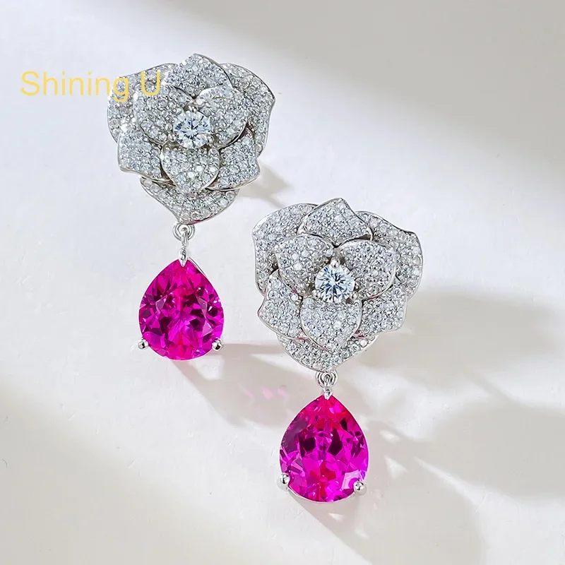 Shining U S925 Silver Camellia Flower 9*11mm Drop Earrings for Women Fine Jewlry Wedding