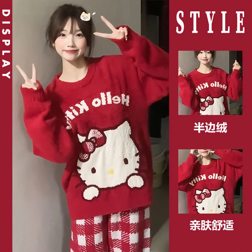 Kawaii Christmas Sanrioed Cartoon Hello Kitty Knitted Sweater Women Knitting Red Knitted Tops Anime New Cute Girls Student Tops