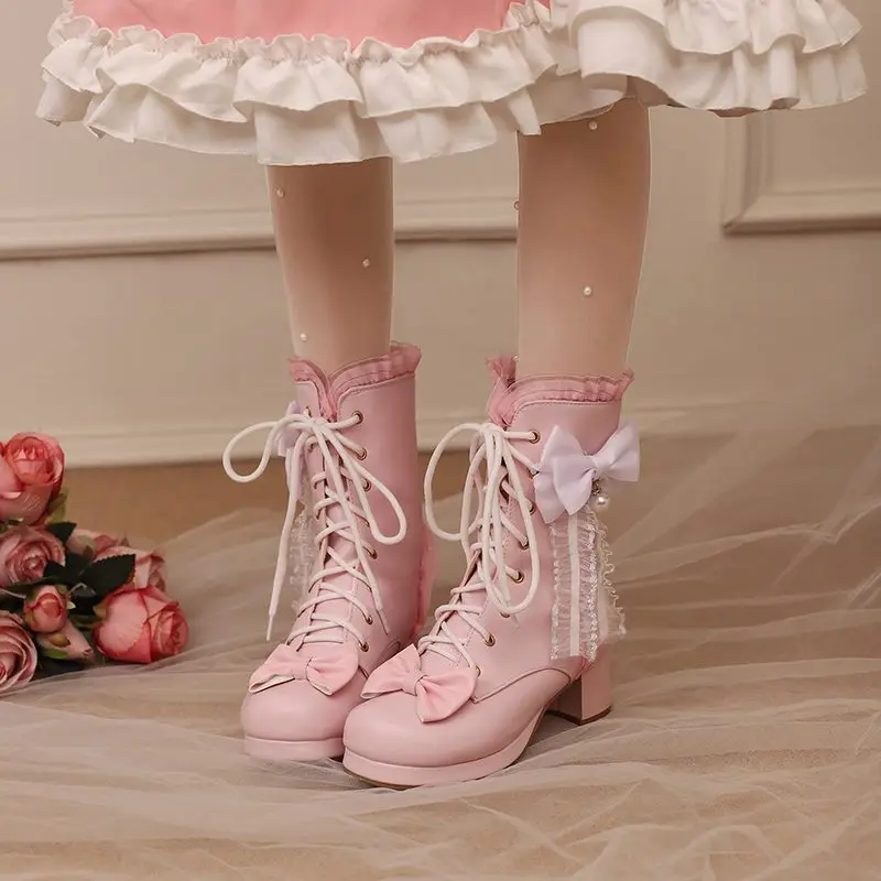 

ORCHA LISA Lolita Style Women's Mid Calf Boots Round Toe Block Heel Lace Up Bowtie Pink White Size 31-32 43 Sweet Dating