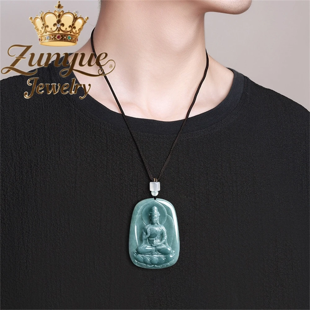 Genuine Natural A-Grade Blue Water Jadeite Guanyin Pendant Holy Vase Kwan Yin Buddha Necklace good luck protection jewelry Gift