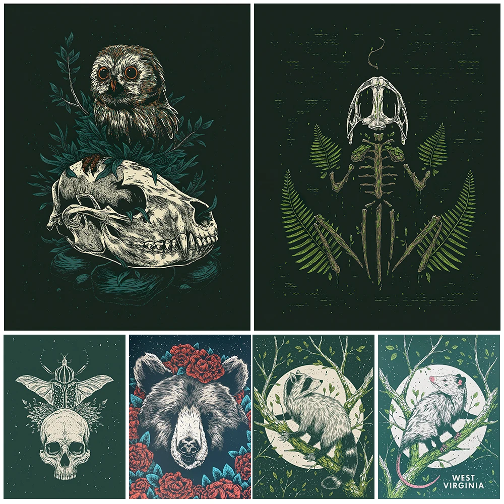 Beetles On Skulls And Ghost Of A Bullfrog Abstract Modern Wall Art Canvas Painting Opossum And Raccoon Animal Poster Print Decor