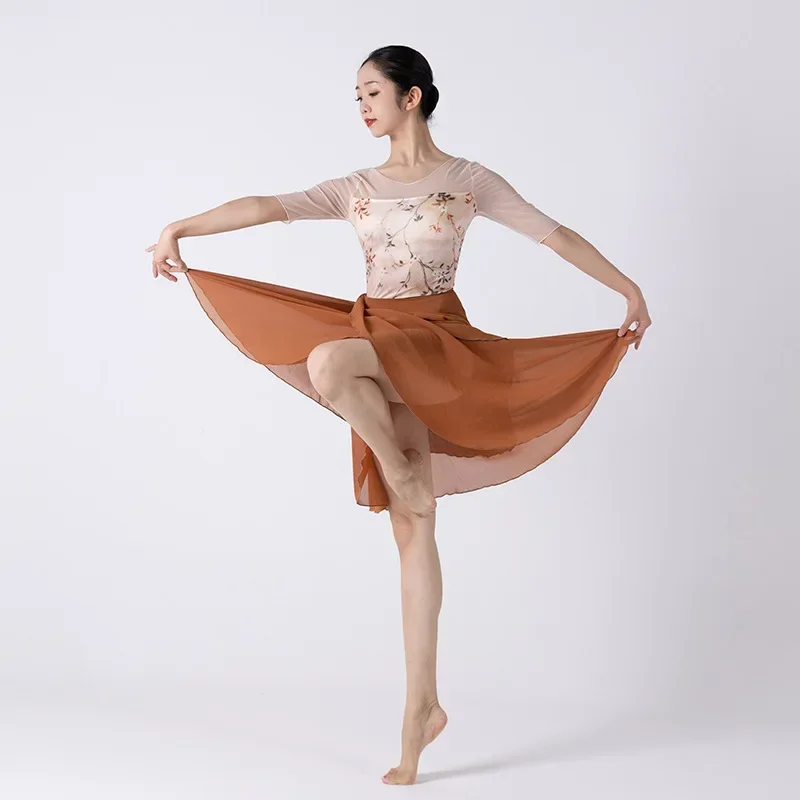 Ballet Dance Leotards For Women Mid Sleeve Floral Pattern Leotards Classical Dance Swimwear Strap Irregular Apron Skirts Set