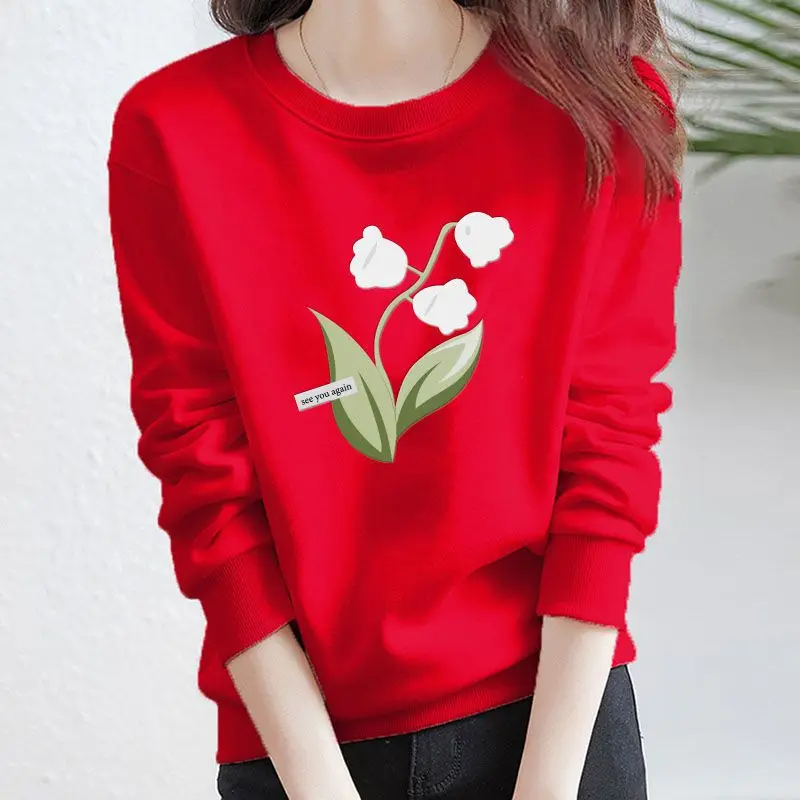 Women\'s Printing Flower Sweater Spring and Autumn 2023 New Fashion Round Neck Age Reducing All-match Slim Long Sleeve Top