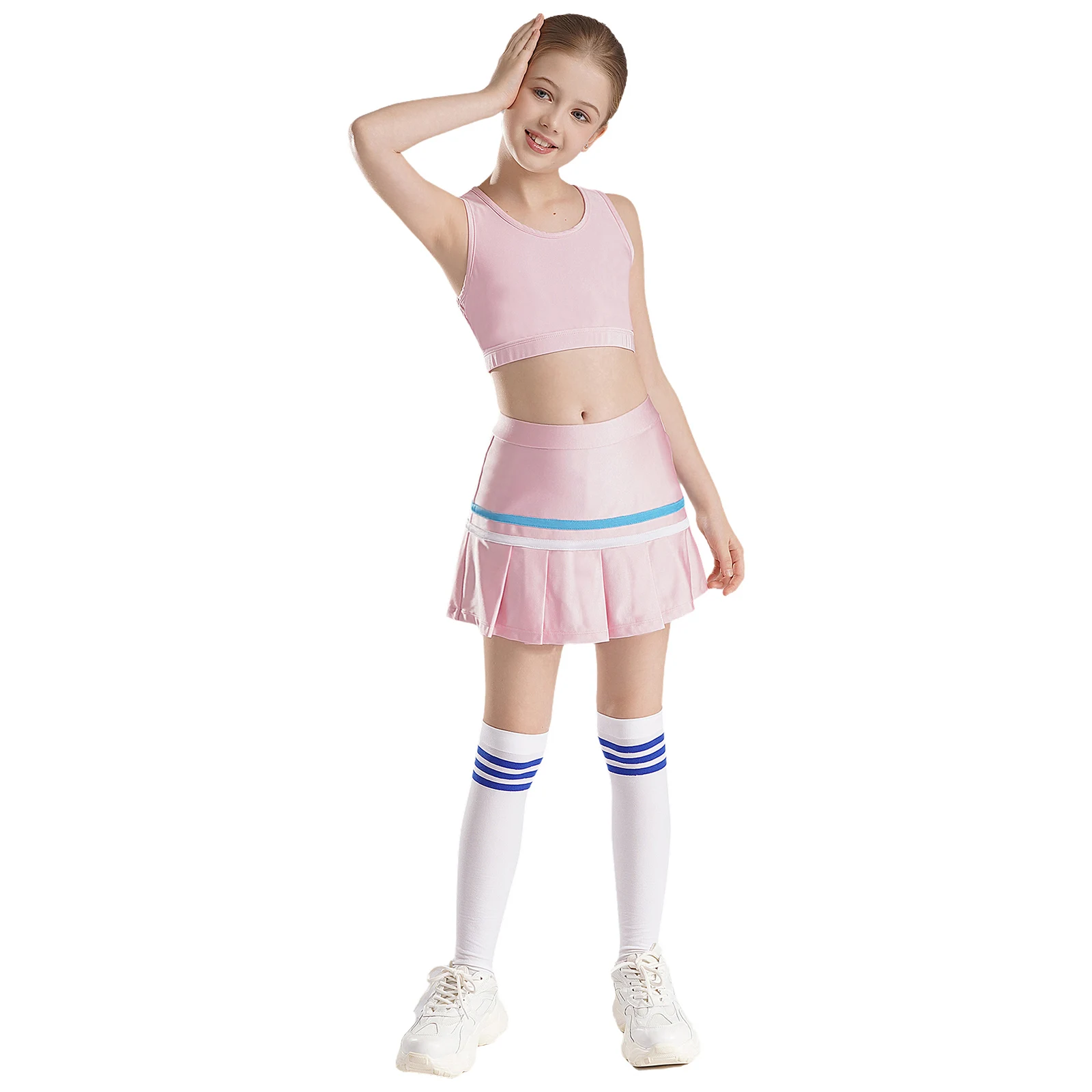 Kids Girls Cheerleading Dance Sports Set Cross Back Sleeveless Crop Top with A-Line Pleated Tennis Skirt for Golf Badminton Suit