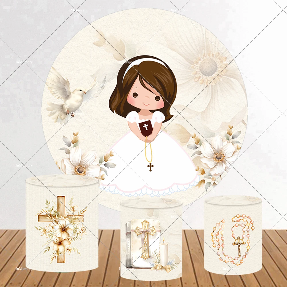 God Bless Girls Baptism Round Backdrop Cream Color Flower Pigeon First Holy Communion Photography Backgrounds Plinth Cover