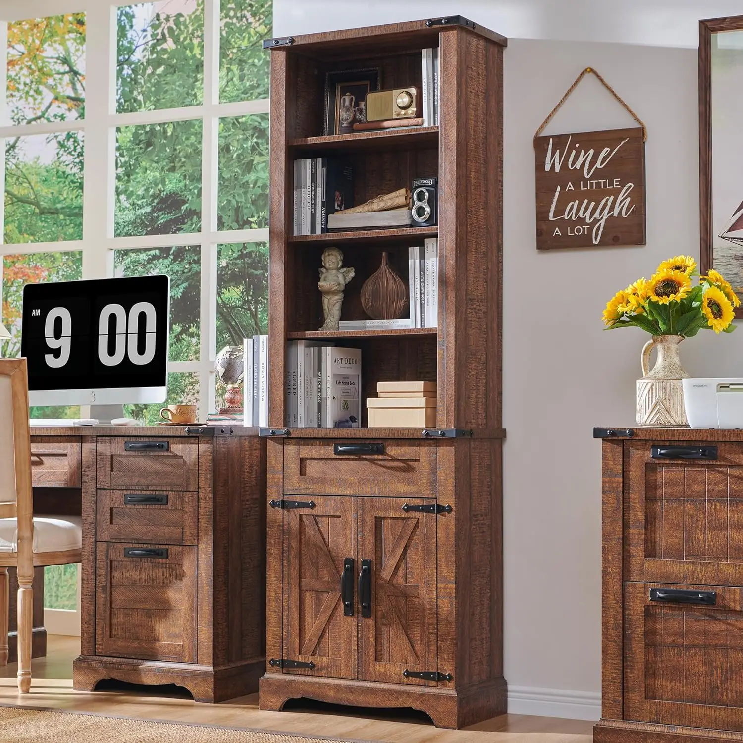 

RedLemon Bookshelf with Storage Cabinet, 72" Tall Farmhouse Bookcase with Adjustable Shelves and Barn Door, 4 Tier Office Wood B