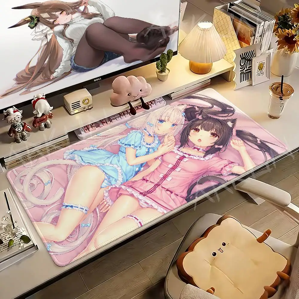 Hot Cute Neko Girls Anime Gaming Mouse Pad, Colorful Cat‑Ear Girls Group Pattern Non‑Slip Rubber Desk Mat
