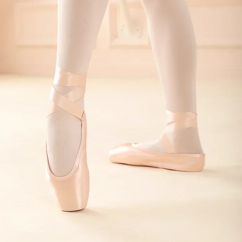 Zapatos de punta de Ballet profesional con suela de cuero genuino, zapatos de Ballet de satén para mujer con cintas para bailarina profesional