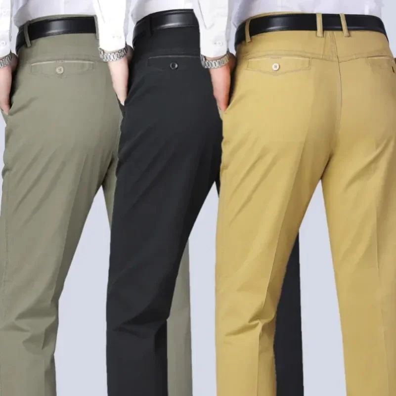 

Men's Summer Thin Pants Classic Casual 100% Cotton Business Fashion Stretch Solid Comfortable Elastic Straigh Trousers