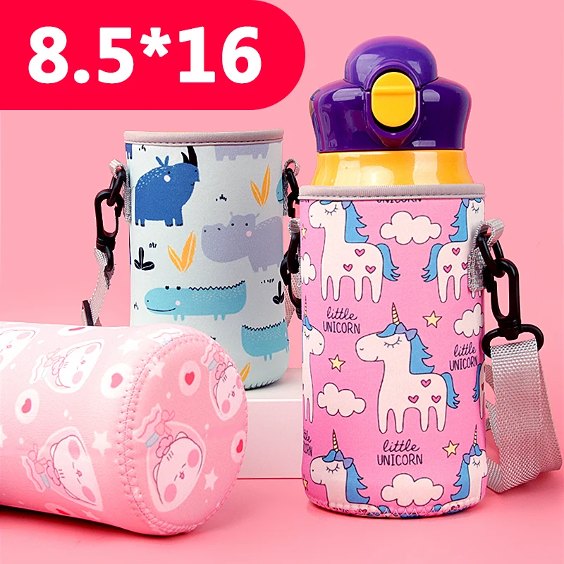 Funda térmica para taza para niños, funda protectora de dibujos animados, botella de agua cruzada, correa portátil, utensilios de comedor de 89cm, taza/agullador