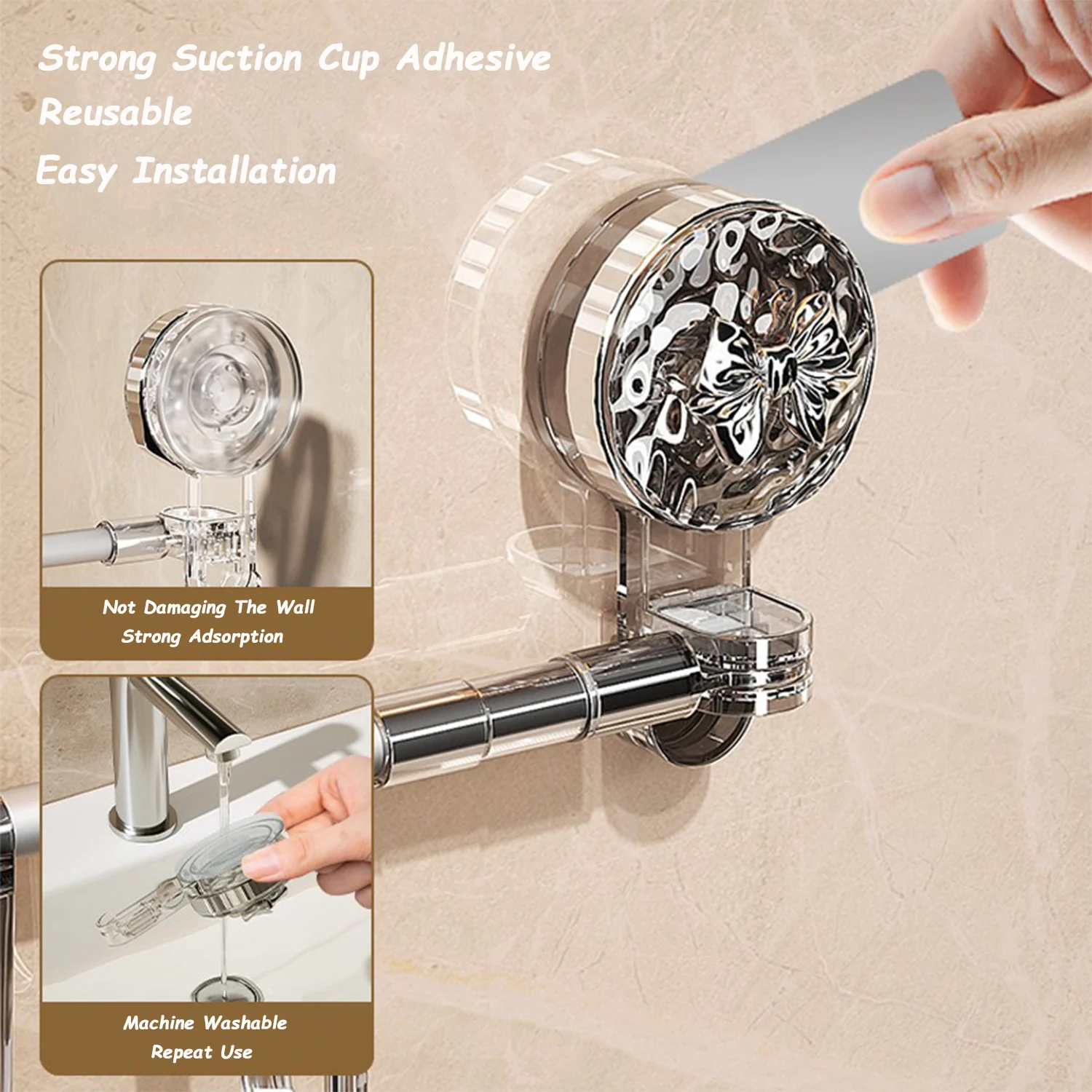 Sucker Hanging Wall Towel Rack No-drill Easy Installation Telescopic Hanging Rod 180° Free Rotation Flat/Turning Feet Shelf