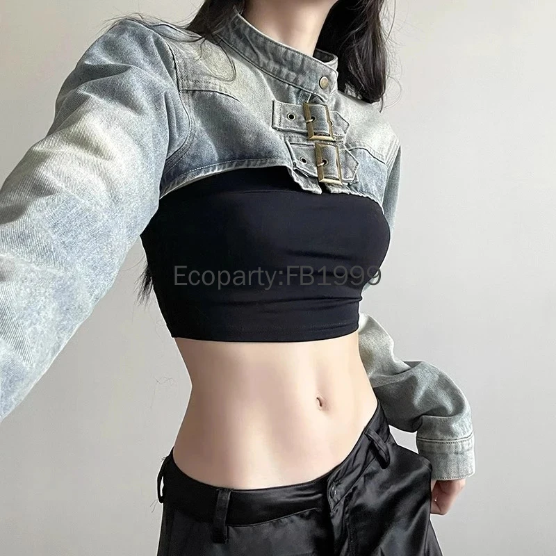 ผู้หญิงแฟชั่น DENIM แจ็คเก็ต Y2K ความงาม VINTAGE SEXY Crop Tops เสื้อญี่ปุ่น Harajuku Streetwear หญิงฤดูใบไม้ผลิฤดูร้อน Outerwear
