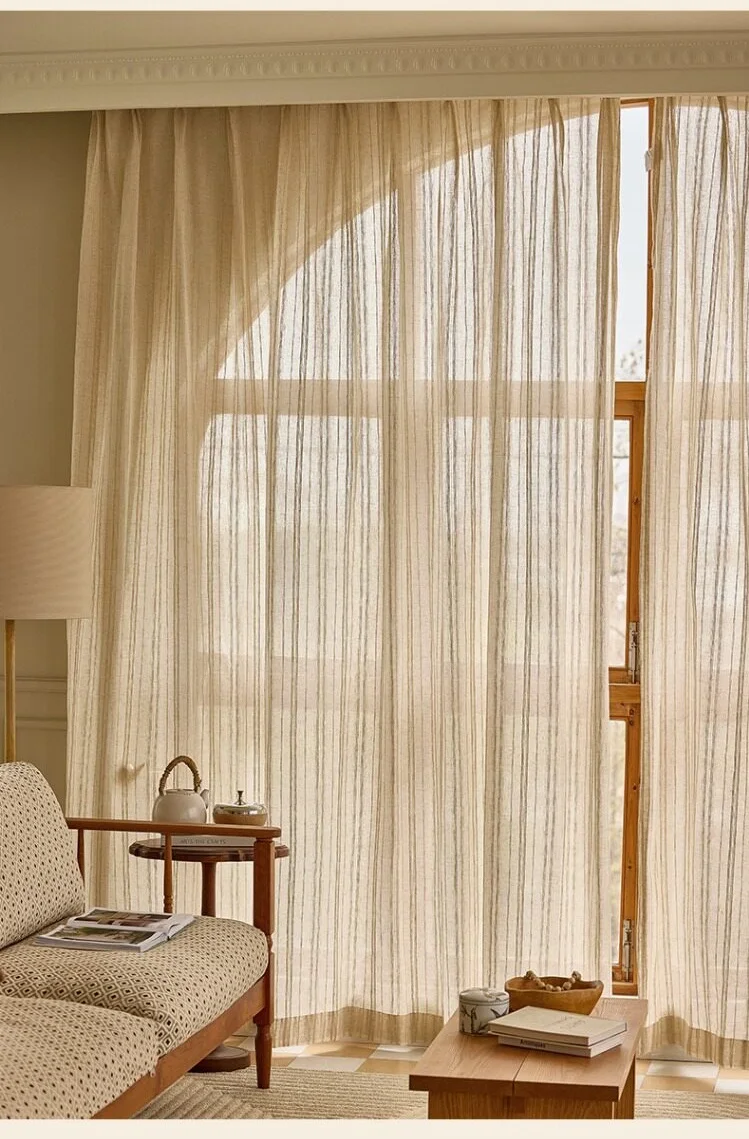 Cotton Linen Vertical Striped Sheer Voile Curtain Semi-Privacy Tulle curtain for Living Room Children Room curtains Custom Size
