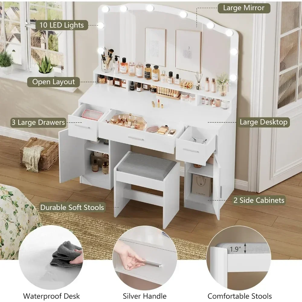 Makeup Vanity with Lights,with 3 Drawers,2 Cabinets & Long Storage Shelf,Dressing Vanity Table with Stool, Suitable for bedrooms image 3