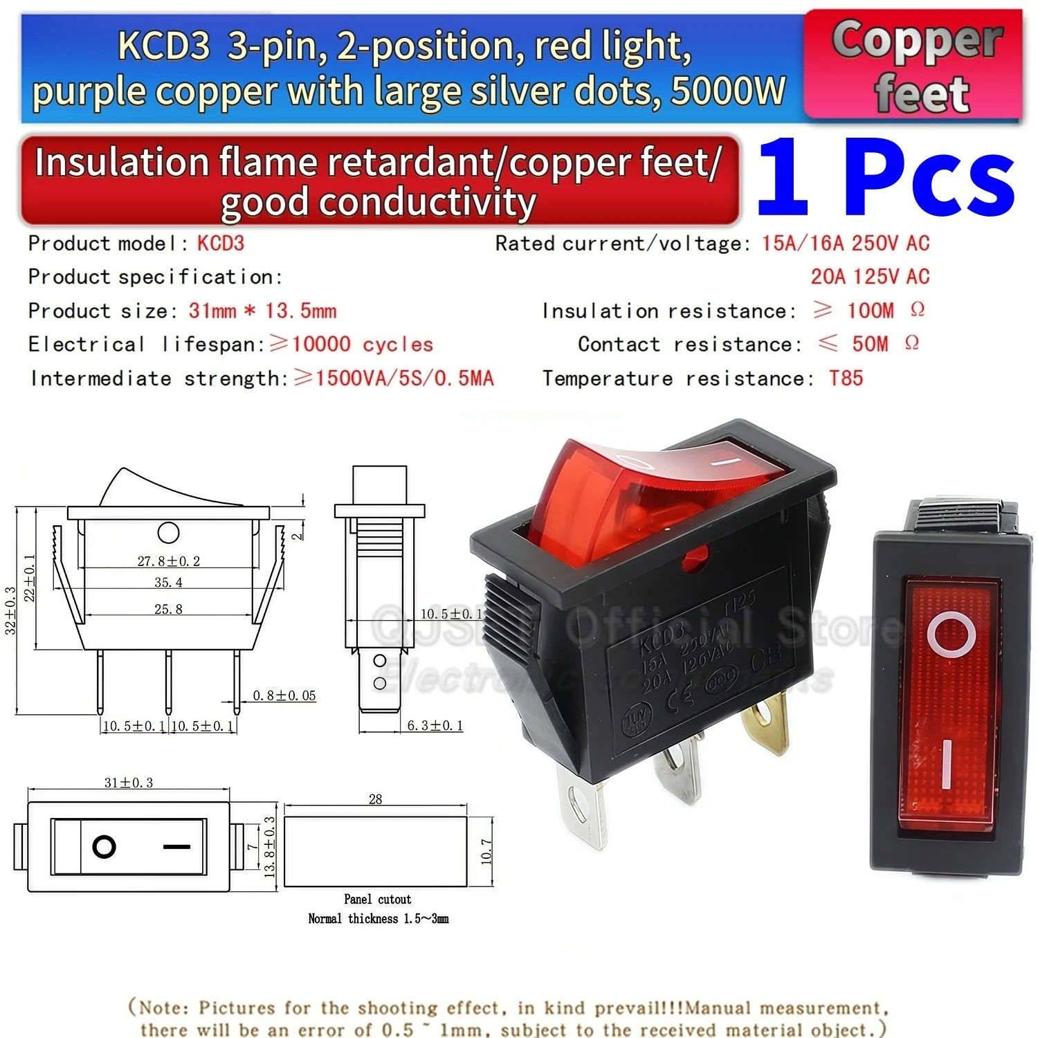 1 Stück KCD3 Wippschalter EIN-AUS-EIN 2 3 Positionen 2 3 Pins Elektrische Ausrüstung Mit Lichtschalter 15A16A 250V/220V 20A 125V AC – Detail 22