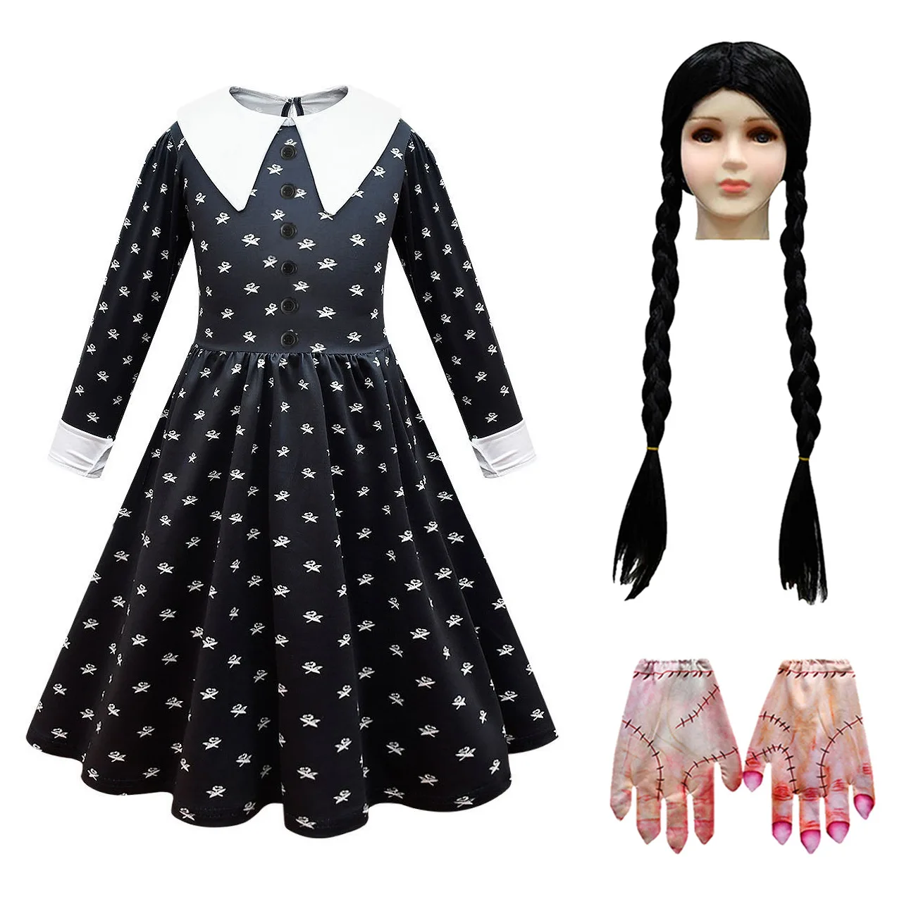 Addams-vestido gótico xostume para niñas y niños, traje de cosplay de película, bolsa, peluca, vestido negro, Halloween, Carnaval