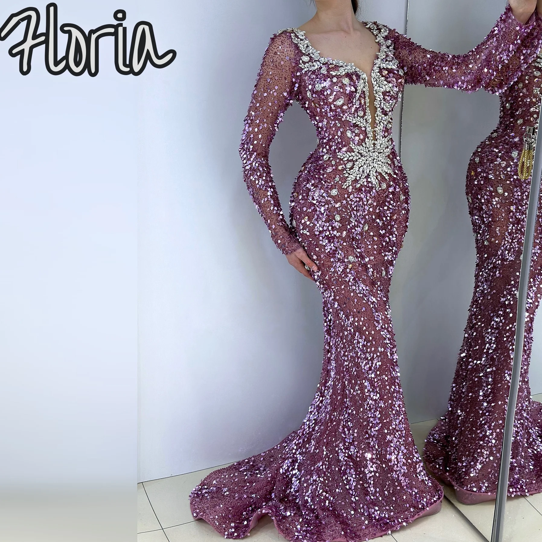 Chic สีม่วง Sequins ชุดราตรี Robes De Soiree แอฟริกันดูไบประดับด้วยลูกปัดแขนยาว Gowns งานแต่งงานที่กําหนดเองหมั้น