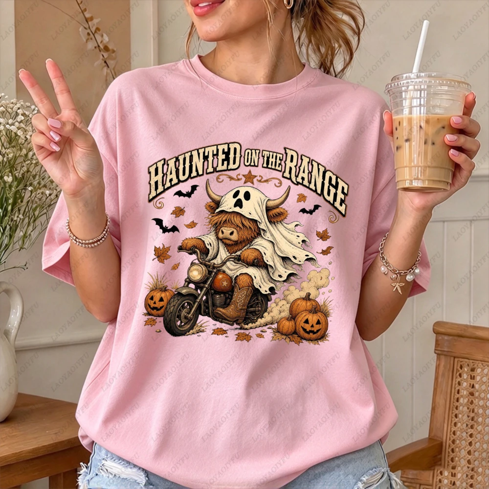 Haunted On The Range Highland Cow Graphic Women Casual Short Sleeve Cotton T-Shirt Halloween Biker Cowboy Western Ghost Tee