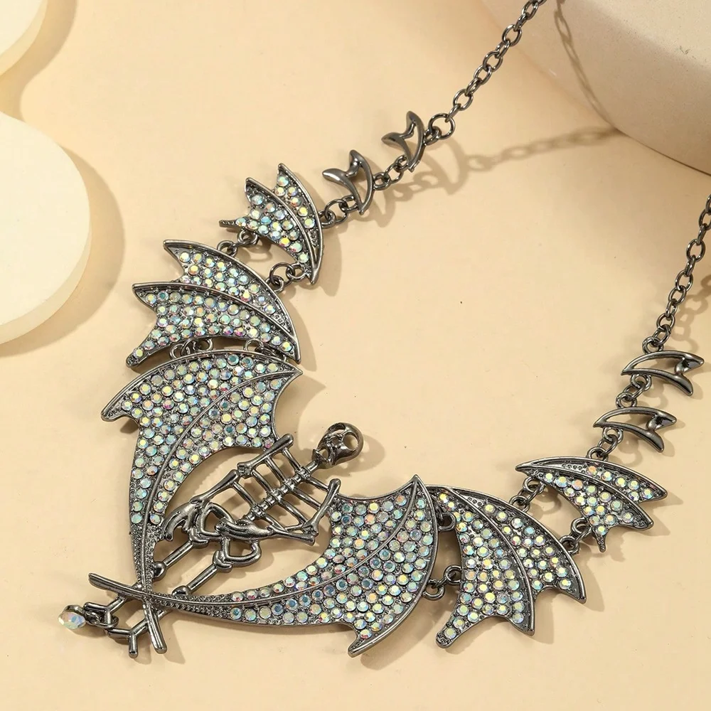 Gothic Punk Exaggerated Shiny Rhinestone Skull Bat Devil Necklace for Women Halloween Jewelry Accessories