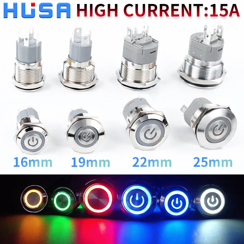 16/19/22/25mm Waterproof Metal Push Button Switch LED Light Momentary Latching Car Engine Power Switch 3-6V/12-24V silver1NO1NC