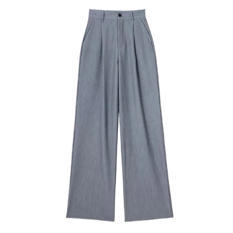 

Women Fashion Long Length Straight Wide Leg Pants Side Pockets Front Darts Vintage High Waist Zipper Fly Female Trousers Mujer