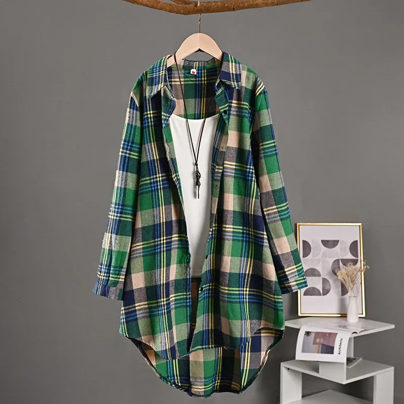 

Хлопково-льняная рубашка женская длинная весенне-осенняя тонкая рубашка короткого спереди и длинного сзади топ свободного покроя клетчатая рубашка с длинными рукавами