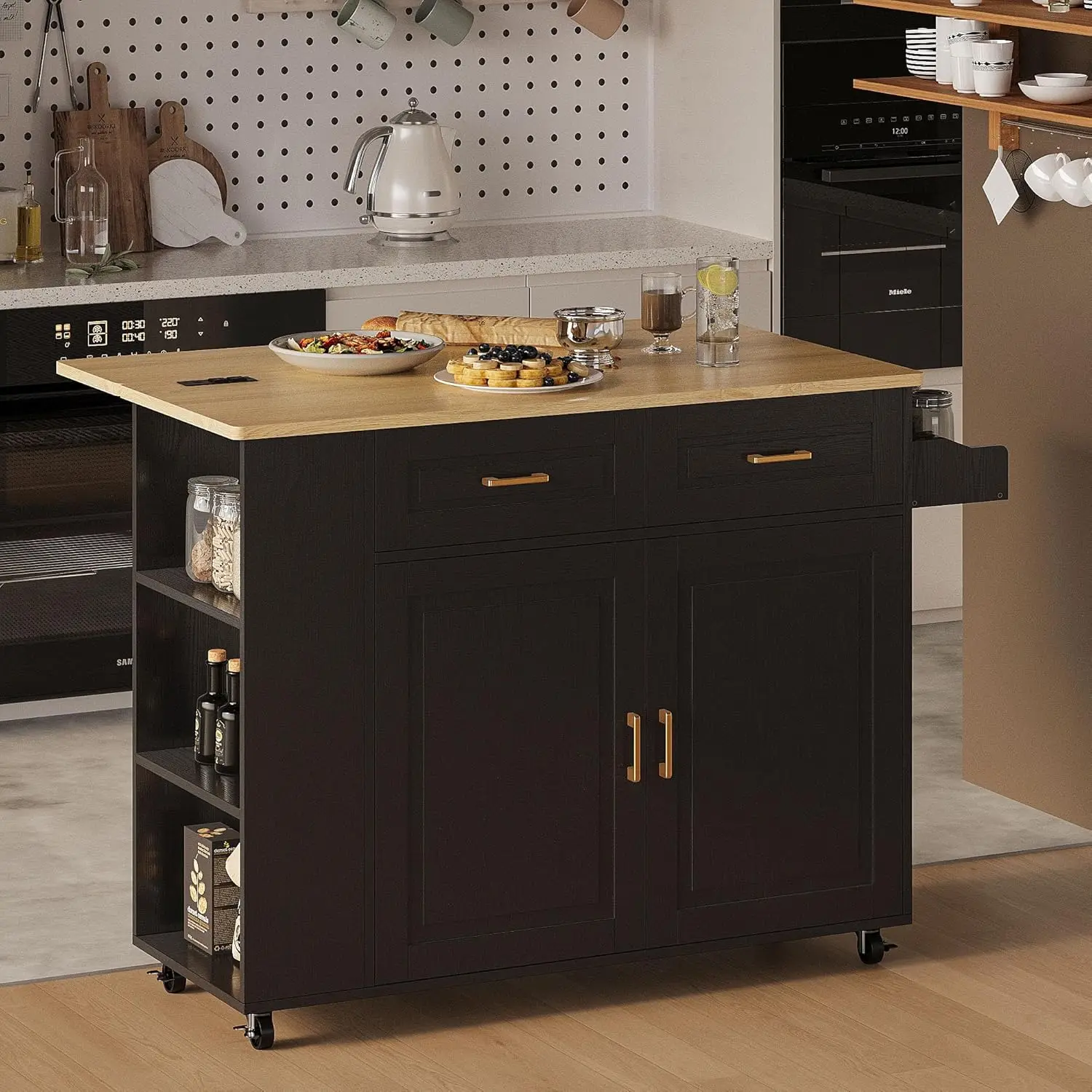 Rolling Kitchen Island with Storage, Kitchen Cart Cabinet with Drop-Leaf & Charging Station Drawer & Shelves & Spice Rack 47