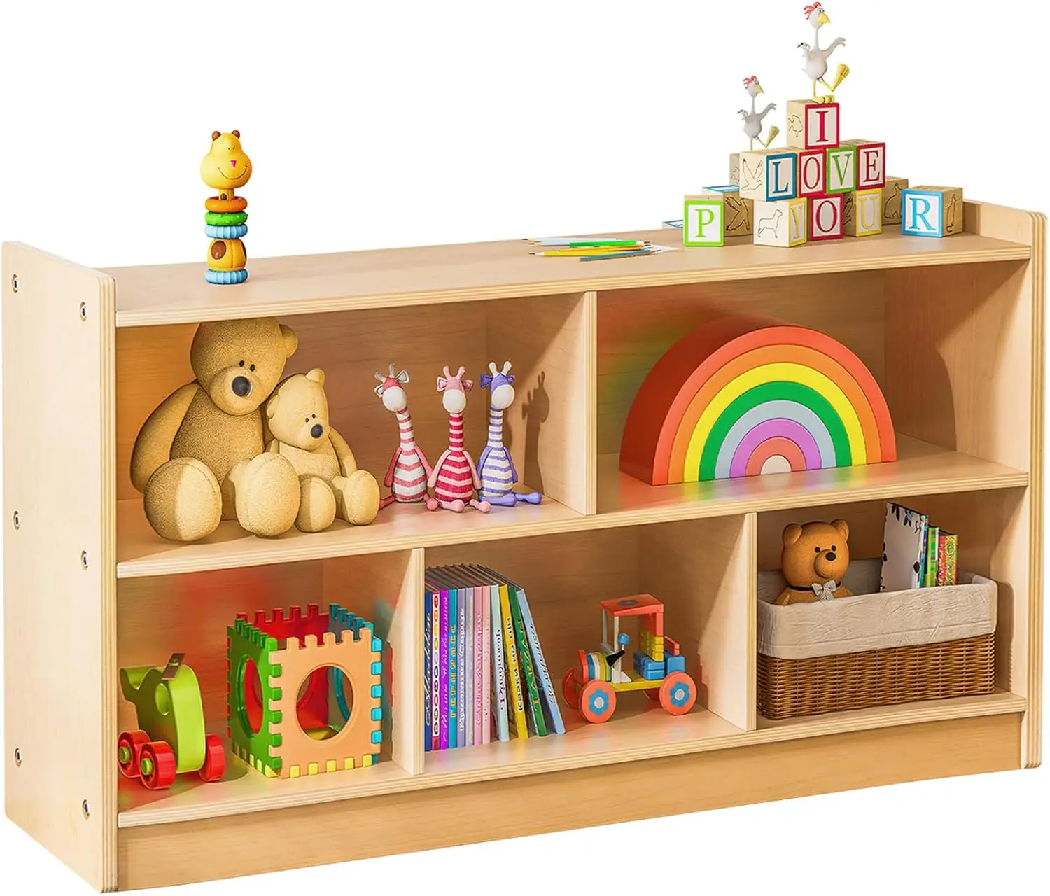 Shelf 5-Section Wooden Storage Cabinet, 2-Shelf Toy Storage Organizer, Kids Classroom Bookcase Storage Organizer, Book Shelves f