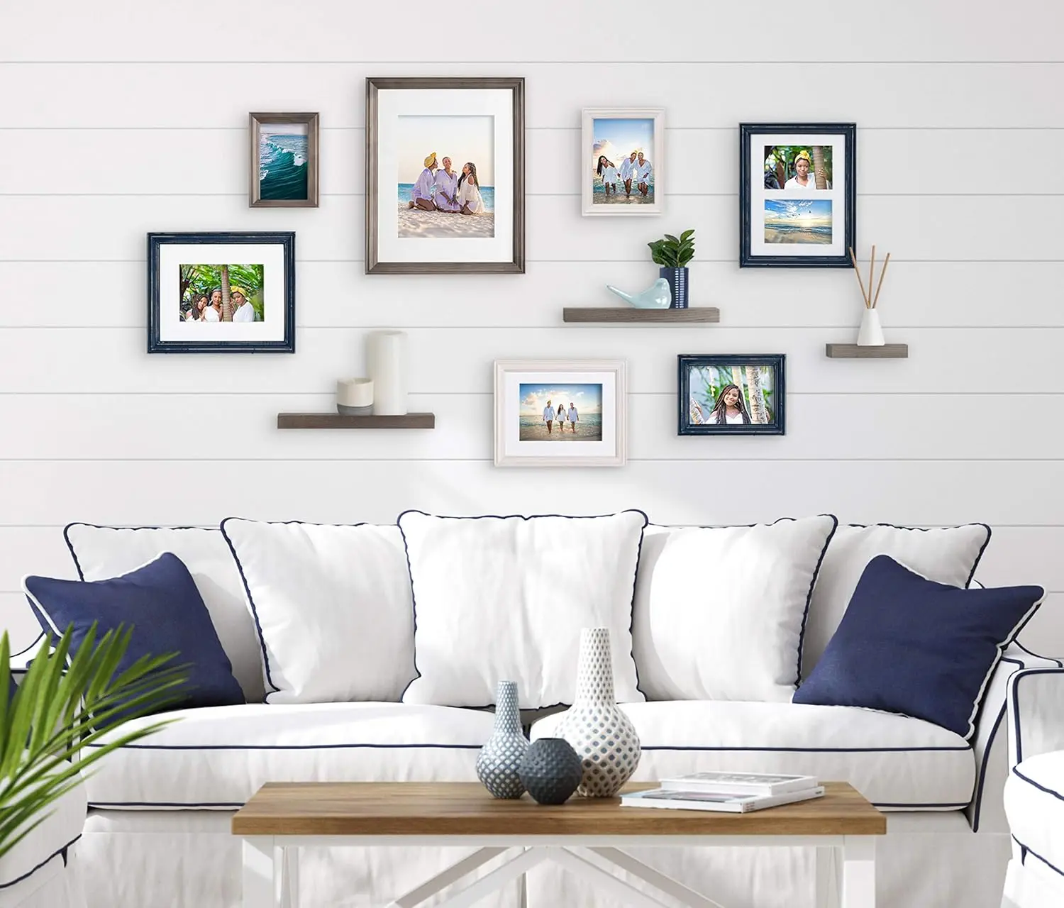 Bordeaux Gallery Wall Frame and Shelf Kit, Set of 10, Multiple Coastal Finishes, Assorted Size Frames and Three Display Shelves