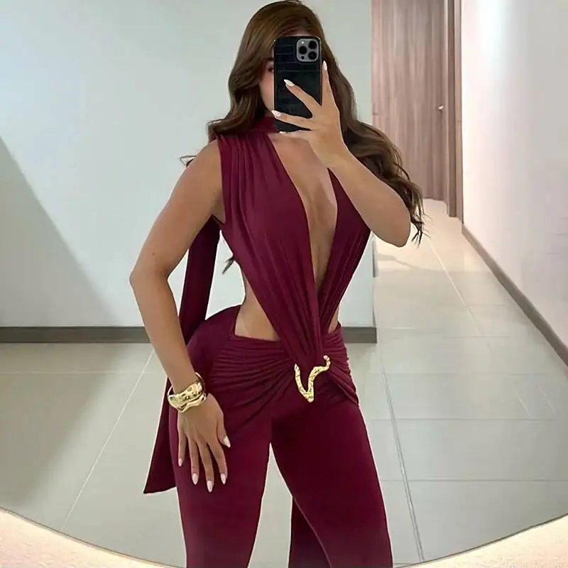Metal Buckle Ruched Slim Fit Flare Pants Women Sexy Deep V Neck Sleeveless Backless Scarf Ribbon Boot Cut Skinny Club Overalls
