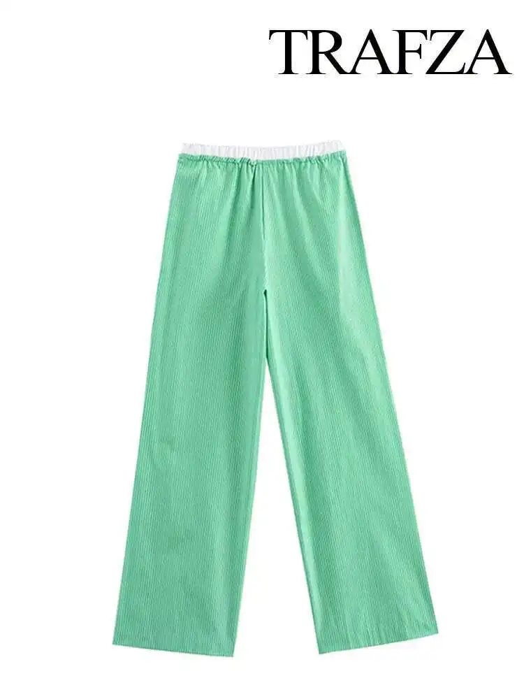 

New Summer Fashion Women Long Green High Elastic Waist Buttons Bow Lace-Up Decoration Female Chic Wide Leg Pants