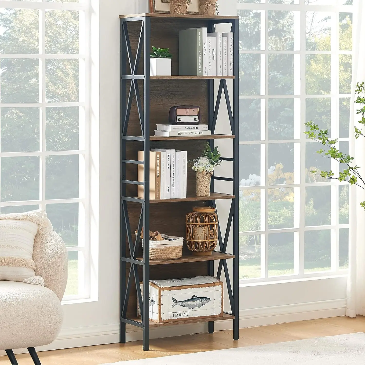 HOMISSUE Bookshelf, 6-Tier Bookshelf, Rustic Wood Metal Bookshelves and Bookcases, Freestanding Open Bookshelf, Industrial