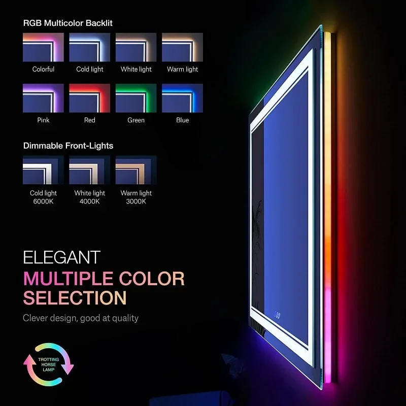 Espejo de baño LED RGB de 40x36 pulgadas con luces, espejo LED retroiluminado RGB que cambia de Color para baño, espejos de tocador iluminados