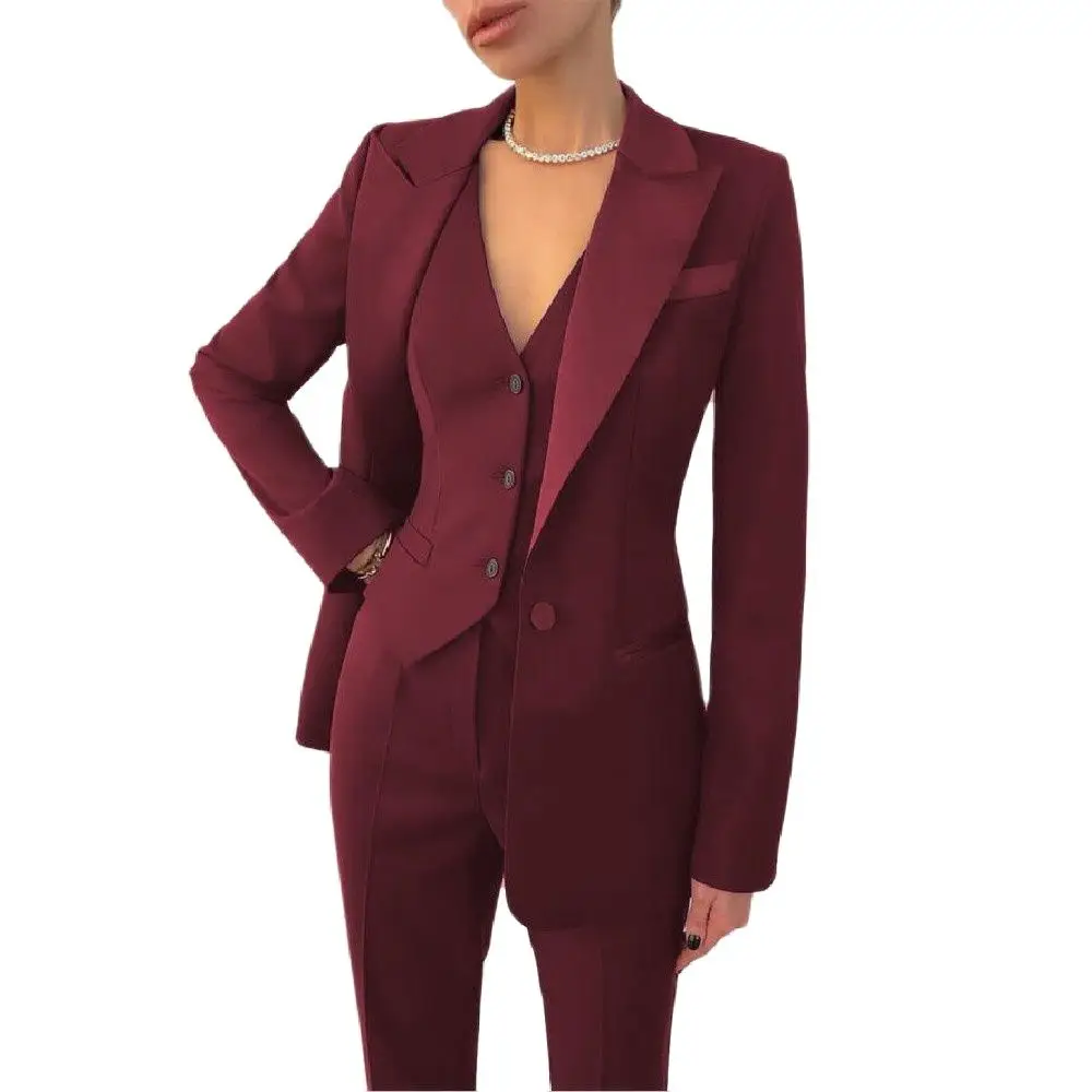 Lansboter Burgundy Women Suits 3 Piece Business Formal Work Wear Office Set Ladies Jacket Casual Blazer Pants Vest