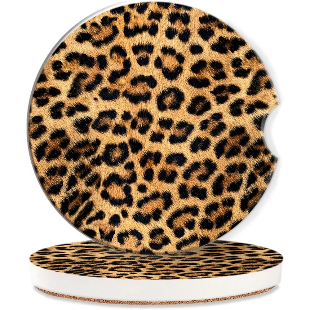 Yellow Black Leopard Cup Holder Coasters for Car Animal Print Cute Cup Holder Coasters 2 Pack Anti Slip Ceramic Car Cup Holder