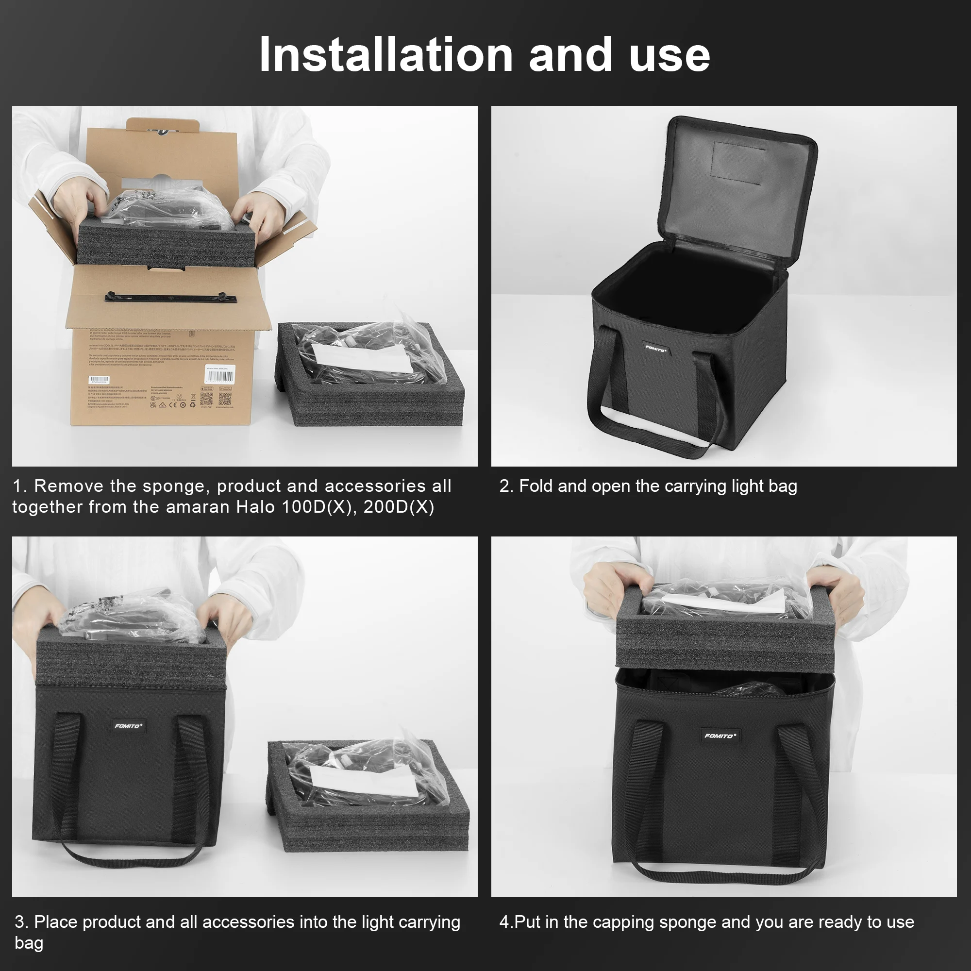 FOMITO Portable Light Carry Handle Bag for Aputure Amaran Halo 100X/100D/200X/200D LED Light Studio Lighting Kit