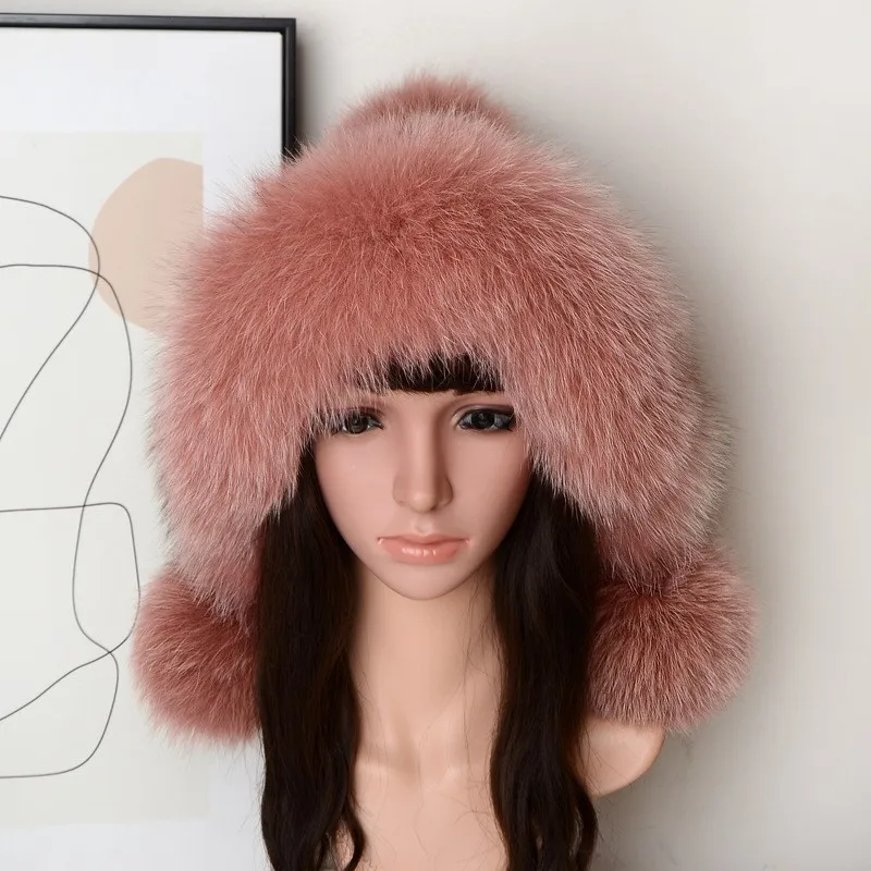 Fashionable warm ear-protecting water-fleece hat women's fur woven woolen three-ball cold-proof cycling