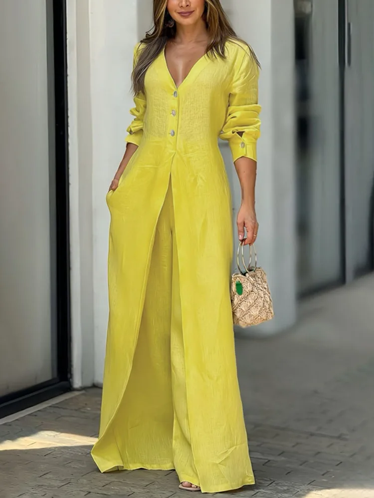 

Gymystars Women Fashion Buttoned Rompers V-neck Waisted Overalls Casual High Waisted Long Sleeves Elegant Yellow Blue Jumpsuits
